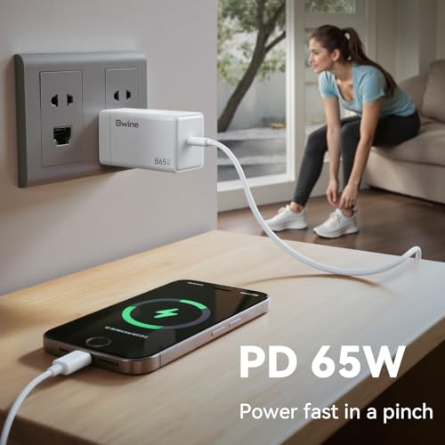 Image of Bwine 65W GaN USB C Charger Fast, Compact & Powerful Charging Block for or MacBook, iPad, iPhone, Samsung, Drone(1x Adapter 1x Cable)