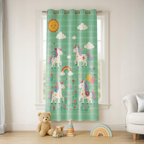 Image of STITCHNEST Velvet Kids Curtains Pack of 2 | Unicorn, Rainbow & Balloon Print | Semi Blackout Curtains for Girls' Room, Nursery & Toddler Bedroom | 7 Feet