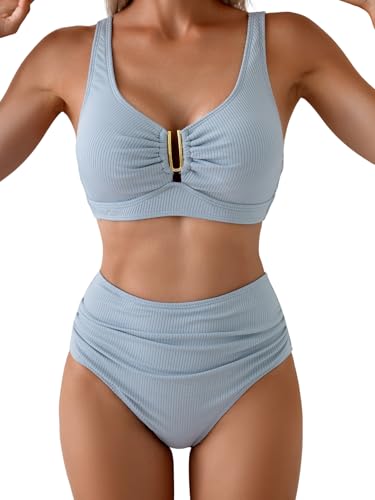 Image of Eomenie Bikini Sets for Women High Waisted Two Piece Bathing Suit U Wired V Neck Swimsuit Adjustable Straps Swimwear