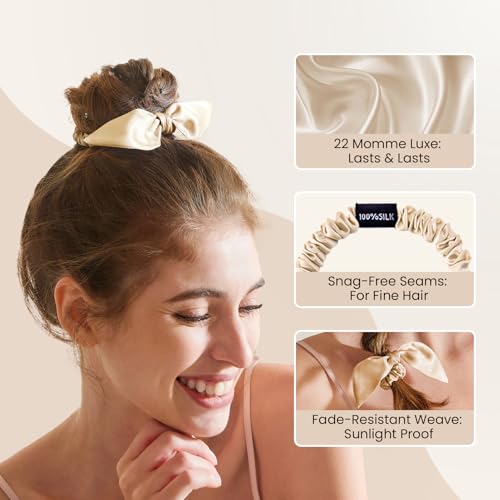 Image of THXSILK 100% Mulberry Silk Bow Scrunchies 3-Pack, 22 Momme Mulberry Silk Hair Ties for Women, Cute Bunny Ear No Damage Ponytail Holders, Fashion Hair Accessories for Girls(S, Beige)