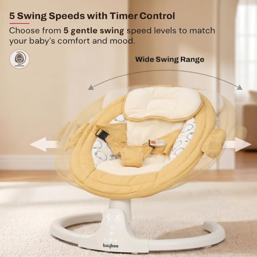 Image of Baybee Lullabies Electric Baby Cradle and Swing | Baby Swing Jhula with Adjustable Swings Speed & Recline | Rocker for Babies with Mosquito Net, Safety Belt & Music Cradle for New Born Baby (Yellow)