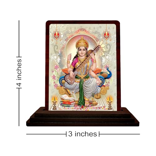 Image of Maa Saraswati Murti for Car Dashboard & Study Table - Small Decorative Saraswati Idol for Student Gifts & Office Desk - Sacred Religious Figurine for Wisdom and Learning