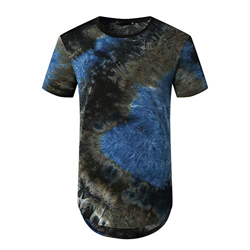 Mens Novelty Pattern T-Shirts Short Sleeve Longline Curved Hem Crew Neck Printed Graphic Tee Shirts H50 Blue L