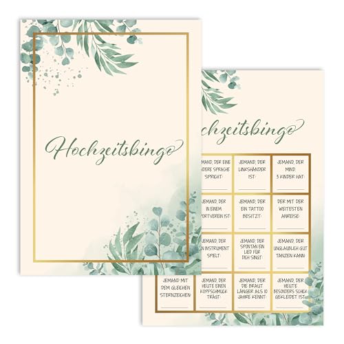 colortouch 50 St Hochzeitsbingo Karten in DIN-A6 mit 18 lustigen Fragen Hochzeitsspiele für Das Brautpaar Hochzeitsquiz Witziges Hochzeitsspiel für Gäste zum Kennenlernen Hochzeitsdekoration