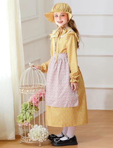 Happy Cherry Girls Pioneer Floral Dresses Set Colonial 1800s Renaissance Dress 3Pcs/4Pcs 3-15Y3
