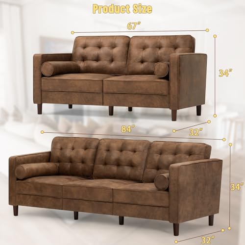 Image of 2 Pieces Suede Leather Sofa Set with Bolster Pillows, Brown | Tufted 3-seat Sofa and Loveseat Couch with Wooden Legs, Upholstered Living Room Set for Living Room, Office