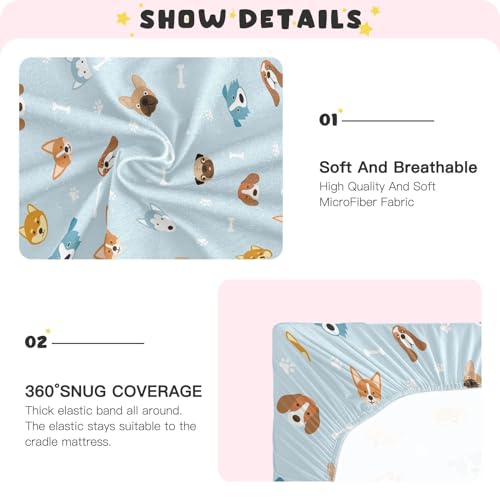 Image of Fitted Crib Sheets Dog Blue Footprint Bone Stretchy Portable Playard Sheets for Baby Toddler, Breathable Soft Mini Crib Mattress 39 x 27 in for Boys and Girls