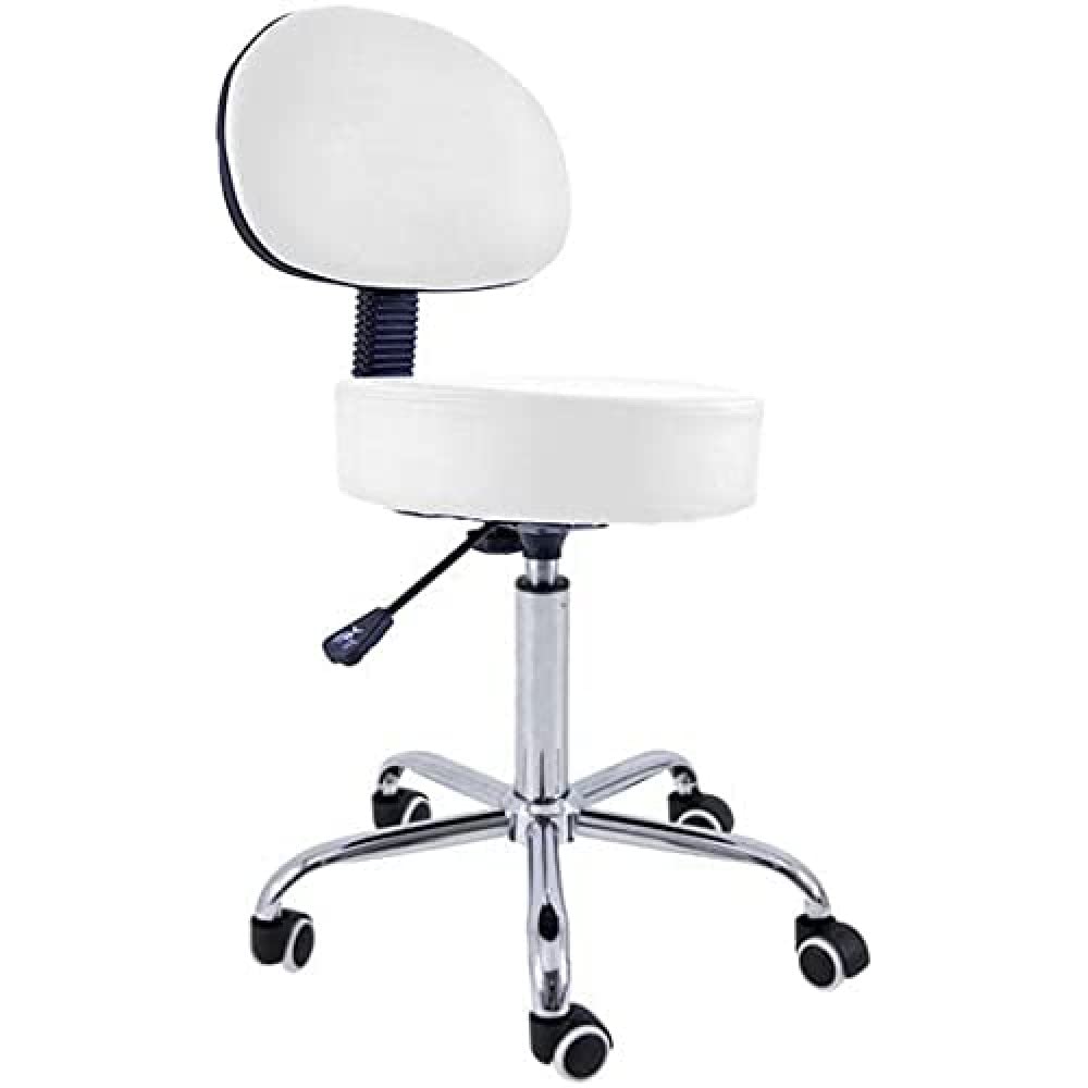 QUIRUMED Taburete con Respaldo, Base cromada, 5 Ruedas y elevación a Gas, Color Blanco, Estructura metálica, Polipiel, Relleno Alta Densidad, Altura Regulable, hasta 150 kg