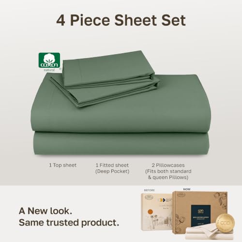 Image of Soft Natural 100% Cotton Sateen Queen Size Sheets, 4 Pc Set, Pine Green