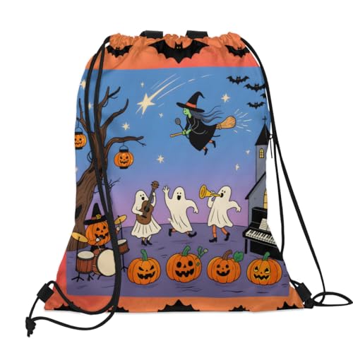 Funny Halloween Drawstring Backpack with Water Bottle Pocket Lightweight String Bag Space Bat Ghost Sports Gym Swim Sackpack for Men Women2