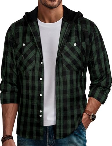 Mens Long Sleeve Shirts Checkered Plaid Hoodies for Men Fashion Casual Flannel Shirt