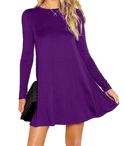 Vestido con Vuelo en Forma de A para Mujer - Largo por Debajo de la Rodilla - Colores Lisos - Morado - M/L - UK 12-14/EU 40-42