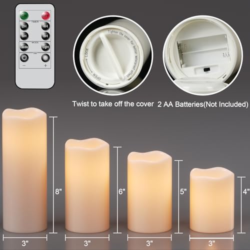 Image of Eldnacele Waterproof Flameless Flickering Candles with Remote and Timer, Battery Operated LED Pillar Candles Indoor Outdoor White Plastic Candle Pack of 4 Wedding Dinner Home Decor, D3 x H4 5 inch 6 inch 8 inch