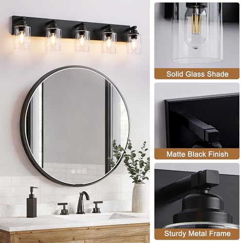Image of 5-Light Matte Black Bathroom Vanity Light, Clear Glass Shade | 35.4 inch Wall Mount Over Mirror Lighting Fixtures, Durable Metal, Modern Farmhouse Style, for Bathroom, Bedroom, Easy To Install