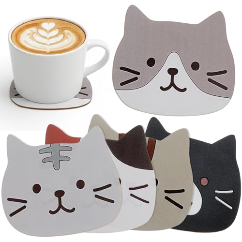 Ouligay 5 Pieces Cute Cat Coasters Gifts for Cat Lovers Drink Coaster Non Slip Cats Themed Coaster for Beer Coffee Office Bar Farmhouse Home Apartment Decor Supplies Tabletop Protection