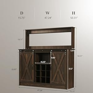 Farmhouse Coffee Bar Cabinet with 6 Hooks, 47 Inch Coffee Bar Hutch with 9 Wine Racks, Coffee Bar Table with Sliding Barn Door, Wine Bar with Adjustable Shelves for Dining Living Room, Dark Oak Farmhouse Coffee Bar Cabinet with 6 Hooks 47 Inch Coffee Bar Hutch with 9 Wine Racks Coffee Bar Table with Sliding Barn Door Wine Bar with Adjustable Shelves for Dining Living Room Dark Oak