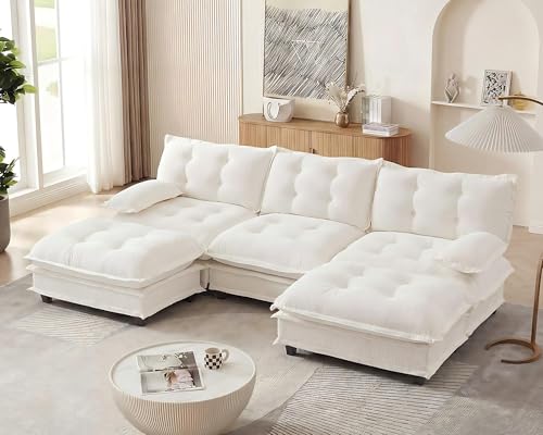 Image of 108 inch Sectional Sleeper Sofa with Ottoman, U Shaped Modular Deep Seat Couches for Living Room Apartment, Flexible Module Combination Cloud Sofa with Spring Support, Easy Assembly, White