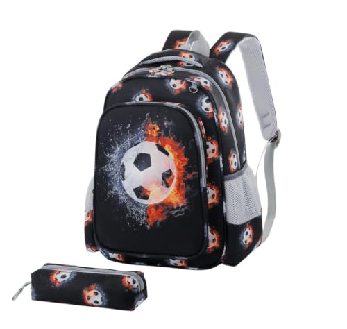 styluxuk Unisex Children Backpack with Pencil Case Travel School Bag Kids Rucksack Bag (Football Fire Black)