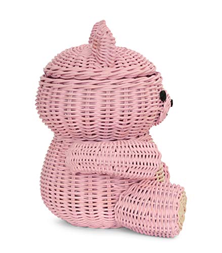 G6 Collection Large Bear Rattan Storage Basket With Lid Decorative Bin Home Decor Hand Woven Shelf Organizer Cute Handmade Handcrafted Nursery Gift Animal Decoration Artwork Wicker Bear (Pink Bear) #TOP3