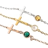 Genérico Pulsera Comunión Personalizada con Cruz y Piedra de Nacimiento, Grabado con Nombre Fecha o Versículo, Acero Inoxidable, Regalo Primera Comunión