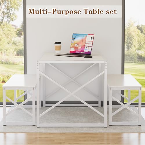Image of VECELO 55 inch Kitchen Dining Table Set for 4, Heavy-Duty Steel Frame & Wood-Grain Tabletop, Space-Saving Dinette Sets with 2 Benches for Breakfast Nook and Small Space, White