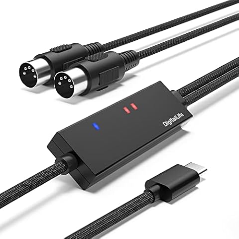 DigitalLife MIDI-C01 USB-C to MIDI Interface Converter Adapter with 3 X LEDs (5-Pin, 1i/1o, Nylon Braided) Cover