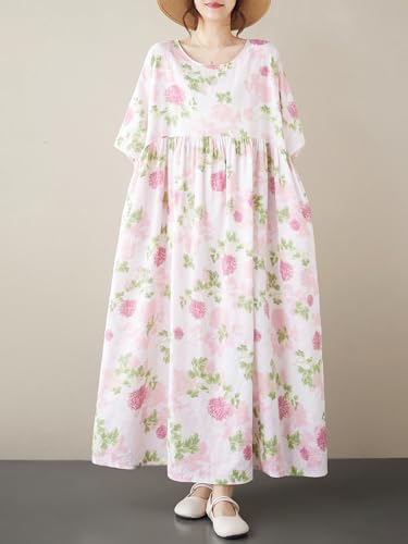 Image of Women's Plus Size Casual Dresses Pink Floral Print Loose Maxi Dress Short Sleeve O Neck Lounge Dress