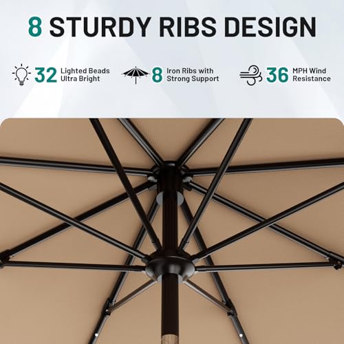 Image of AreShark 9FT Patio Umbrella with Solar Lights, 32 Lighted Pool Umbrella w /Tilt and Crank, Outdoor Market Solar Umbrellas for Garden, Deck, Backyard, Pool and Beach, Beige