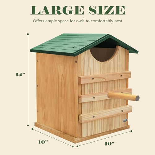 Prolee Owl House 14 x 10 Inch with Bird Stand Design, Owl Box 100% Cedar Wood with Mounting Screws and A Bag of Wood Shavings, Owl Houses for Outdoors Easy Assembly Required