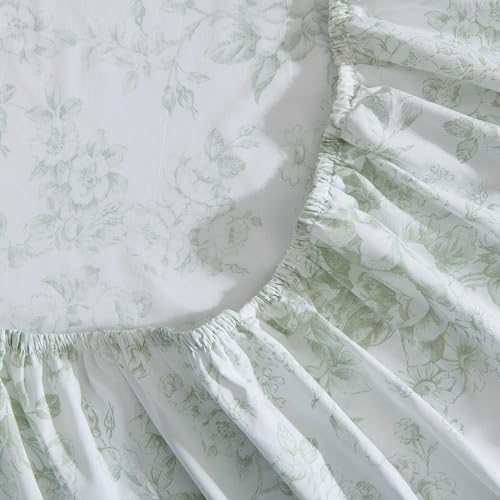 Image of Laura Ashley - Full Size Sheet Set, Crisp & Lightweight Cotton Percale Bedding with Fitted Sheet and Pillowcases, Floral Room Decor, Deep Pocket, College Dorm Room Essentials (Toile Delight Green)