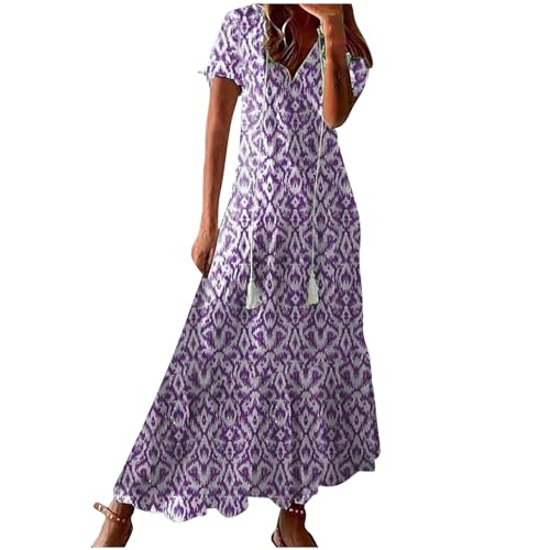 Image of AMhomely Boho Dresses for Women Short Sleeve-Summer V Neck Maxi Dress,Floral Print Beach Sundress,Short Sleeve Drawstring Tiered Long Dresses,Elegant Party,Holiday Vacation A Purple L