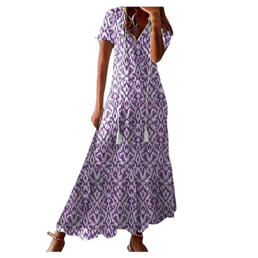 AEGJEGVD Robe d'été pour Femme Boho Maxi à Lacets col V évasé à Volants Robes de Plage Décontractée Robe Longue Ete Boheme Maxi Robes Fleurie de Soirée Cocktail Chic et Elegant Ventes Flash Pas Cher