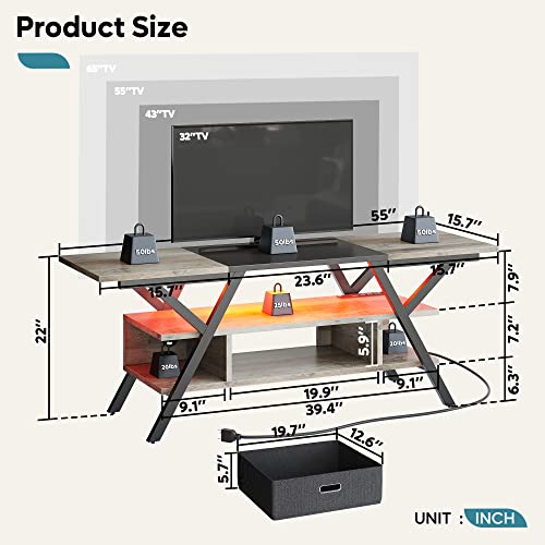 Bestier Led Entertainment Center With Power Outlets Gaming Tv Stand For Tv Up To 65 Inch 55” Tv Game Console For Living Room Bedroom Removable Drawer 20 Dynamic Rgb Modes, Wash Gray #TOP6