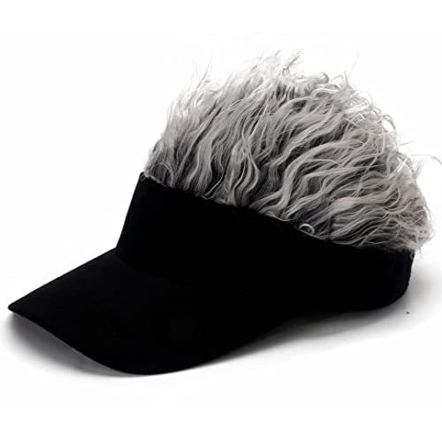 Custom Flare Hair Sun Visor Cap With Fake Hair Wig Novelty For Men Personalized Embroider Add Your Text For Dad Grandpa Gifts Black Grey #TOP1