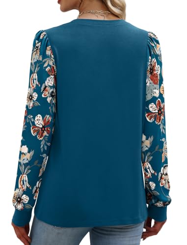 Long Sleeve Shirts for Women Fall Fashion Tops Trendy Casual Floral Teal L | Winter clothing 2026, dressy tops, puff sleeve, round neck, fall essentials, lightweight, juniors - image 5