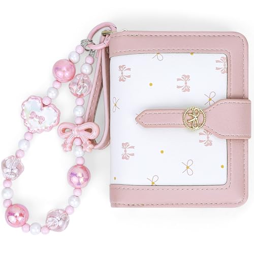 Womens Wallet Cute Small Wallets for Women Pink Coquette Minimalist Ladies Purse with Key Chain Wallet Bow Design Mini Kawaii Coin Purse with ID Window