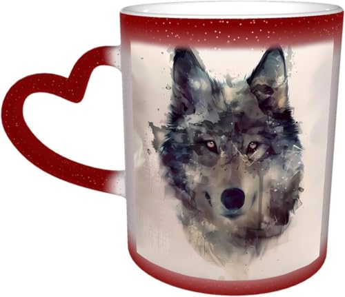 DOHXQM Taza Café cerámica, Taza de café con efecto térmico y cambio de color 330 ml Taza Mágica Regalo interesante,Pintura de lobo sobre fondo de color de papel multicolor.