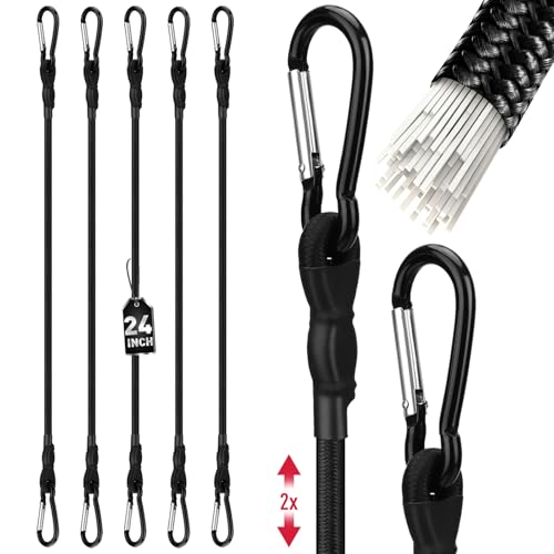 Image of 5-Piece 24 Inch Bungee Cords with Carabiner Hooks, Heavy Duty Rubber Elastic Tie Down Straps, Bungee Cord with Carabiner Clips for Cargo, Truck Bed, Camping, Motorcycle and Outdoor Use (Black)