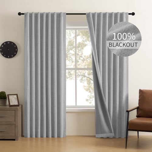 CUCRAF Linen 100% Blackout Curtains 72 Inch Length 2 Panels Set, Back Tab and Rod Pocket Curtain for Living Room Bedroom, Room Darkening Window Drapes Thermal Insulated, (52x72 inch, Light Grey)