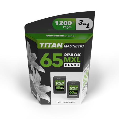 VersaInk - Nano HP 65 MXL Titan-Magnetic (MICR 3 en 1) Cartucho de tinta negra de repuesto para HP 65 y 65 XL, funciona con HP Deskjet 3700 Series, 2600 Series, HP Envy 5000 Series