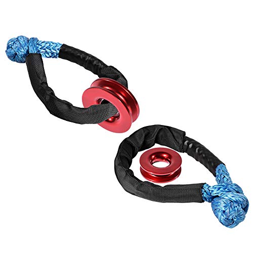 amopacorp Set 2X Blue 1/2 inch 38,000lbs Breaking Strength Synthetic Soft Shackle Protective Sleeve and 2pcs Red Aluminum Towing Recovery Snatch Ring
