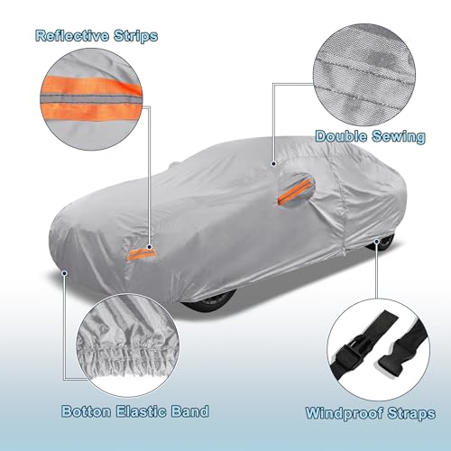 Image of Silver Tone Heavy Duty Waterproof Car Cover for Sedan 185 inch-191 inch - All-Weather UV Protected Outdoor Full Exterior Cover with Sun /Snow /Rain Resistance