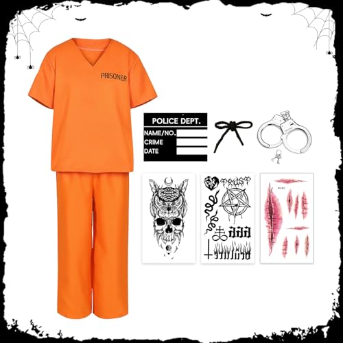 WEFONLLICOS Kids Prisoner Costume Orange Prison Inmate Outfit Halloween Jail Criminal Jumpsuit Pant Set for Boys Girls (Medium) by WEFONLLICOS - Image 3