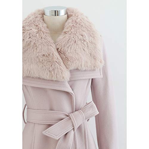 CHICWISH Women's Pink Faux Fur Wide Lapel Turn Down Shawl Collar Open Front Long Sleeve Wool Blend Coat3