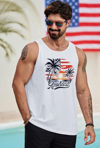 Image of VOGSTART Mens American Flag Tank Top Independence Hawaiian Tee Stylish Print Gym Man Shirt White Hawaiian XL