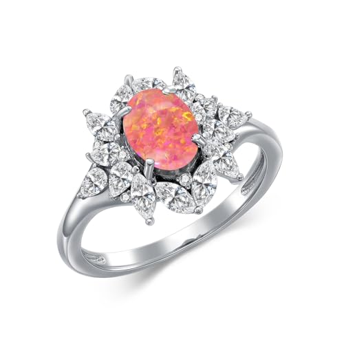 Sterling Silver 9 Colors Black Purple Opal Ring Opal Engagement Rings for Women Opal Promise Ring Opal Gemstone Oval Sunburst Halo Ring for Women Birthstone Anniversary Ring Size 5 to 9-1