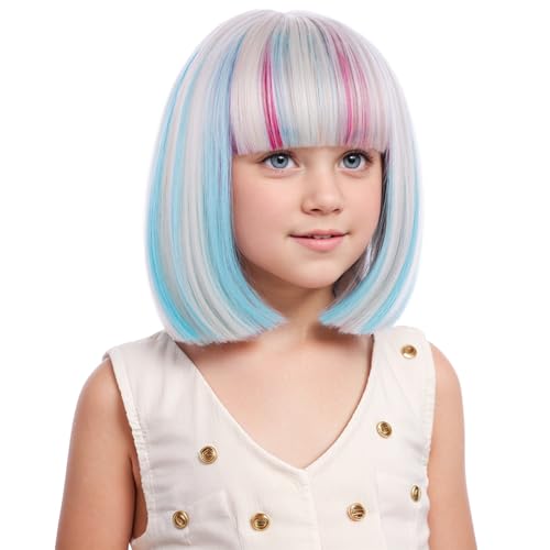 Image of Platinum Wigs with Bangs Platinum Mixed Blue and Pink Wig Short Bob Wigs Daily Party Halloween Cosplay Wig