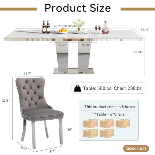 Image of 7-Piece Extendable Dining Table Set for 6, Modern 63 inch-94 inch White Faux Marble Expandable Kitchen Table Set with 6 Velvet Chairs, Large Extendable Dining Room Tables with Mirrored Columnar Base