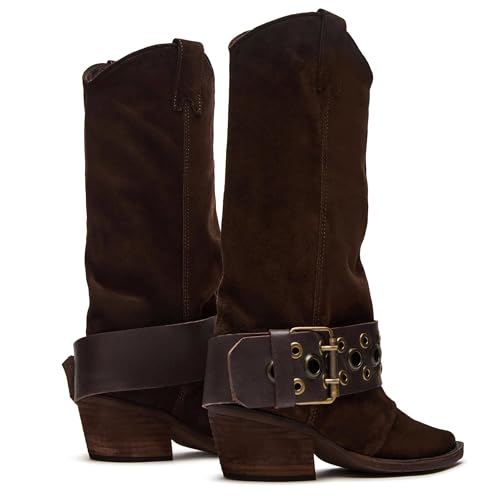 Western Cowboy Boots for Women Pointed Toe Chunky Heel Mid Calf Boots Buckle Strap Wide Calf Cowgirl Boot4