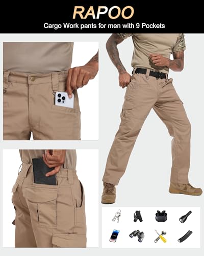 Rapoo Cargo Pants for Men Hiking Work Tactical Military Army Casual Pants for Men with Pockets Water Resistant Mens Ripstop Construction Carpenter Outdoor Pants Outdoor Khaki 40Wx30L - Thumbnail 5